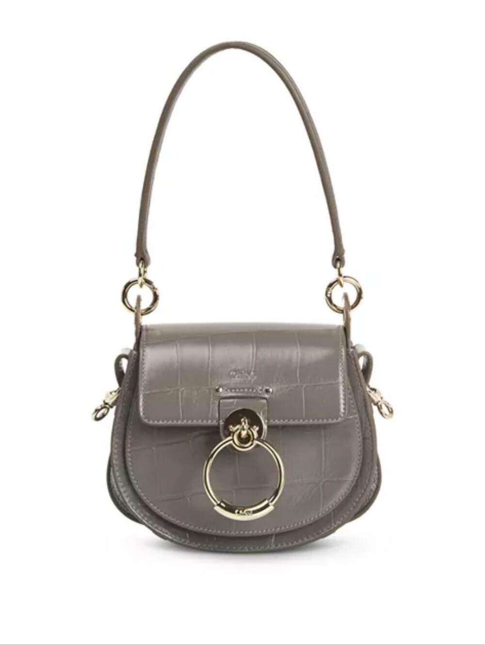 Authentic Chloé Small Tess Saddle Bag in Grey Croc-Embossed Leather | Two-Tone